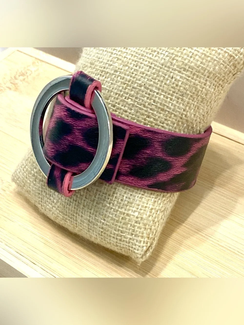 Retro Pink Leopard-Print Cuff Watch Bracelet with Silver Ring Accent